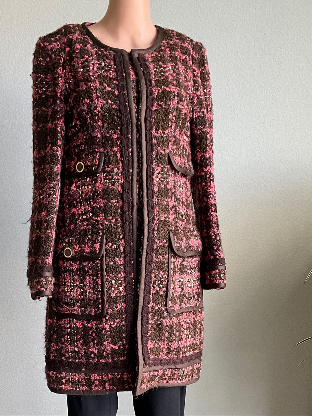 Tory Burch Pink and Brown Tweed Long Jacket